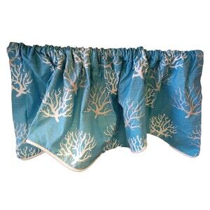 Curtain valance Teal with White/Grey  Coral Print Rod Pocket Set of 2